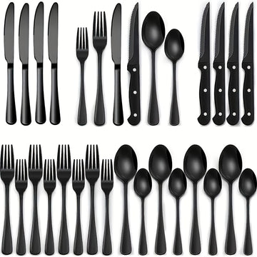 Juego de 24 piezas de cuchillería occidental de alta calidad de acero inoxidable, con cuchillo, tenedor y cuchara. Cuchillo de cuchillo de carne, cuchillo de bistec, cubertería negra. Cubertería de plata de acero inoxidable, cuchillo de postre, tenedor y