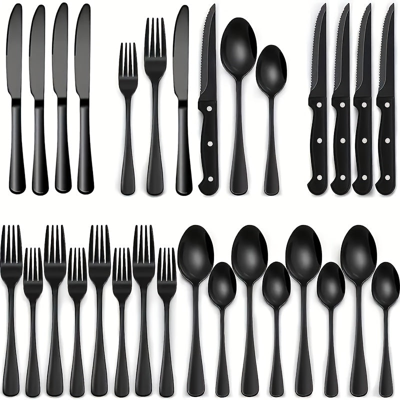 Juego de 24 piezas de cuchillería occidental de alta calidad de acero inoxidable, con cuchillo, tenedor y cuchara. Cuchillo de cuchillo de carne, cuchillo de bistec, cubertería negra. Cubertería de plata de acero inoxidable, cuchillo de postre, tenedor y