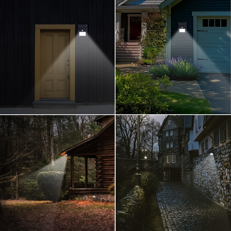 4 luces solares para pared exterior, con sensor de movimiento para jardín, escaleras y caminos, incluye hardware de instalación, montaje semiempotrado, control de interruptor, material plástico, energía solar con batería de litio, iluminación para camino