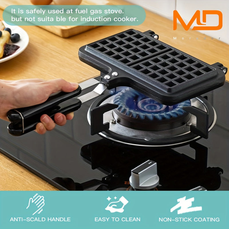 1pc MOREDOR Mini Máquina para Waffles - Sartén Rectangular Antiadherente de Doble Cabeza con Mango Antiescaldado y Revestimiento Fácil de Limpiar para Panqueques, Paninis, Desayunos, Bocadillos - Segura en Estufa, Sin Necesidad de Electricidad, Pequeña M