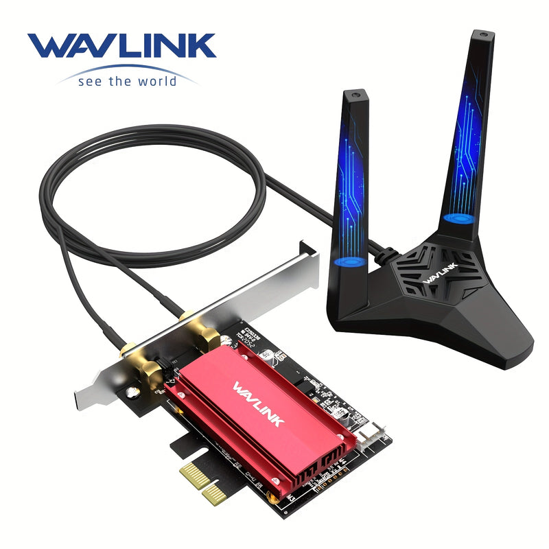 Adaptador WAVLINK AX5400 WiFi 6E PCIe con Tarjeta Inalámbrica Tri-Banda AX210, MU-MIMO, WPA3, OFDMA, Soporte de Bajo Perfil y Disipador de Calor para Windows 10/11, Linux - Alta Velocidad 2.4GHz/5GHz/6GHz, Antena Dual, 1024QAM, Compatible con Ranuras X1/