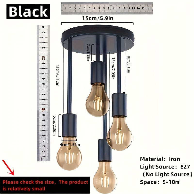 Lámpara de techo estilo industrial negra con 4 portalámparas E27, ideal para dormitorios, cocinas y pasillos, diámetro de 15 cm / 5.9 pulgadas. Verificar tamaño antes de comprar (focos no incluidos)