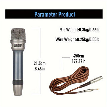 Micrófono vocal dinámico profesional LMBGM - Micrófono de mano unidireccional cardioid con bobina móvil, con interruptor ON/OFF, cable XLR de 177" a jack de 1/4", construcción de aleación de aluminio y protección contra el viento para cantar, karaoke, co