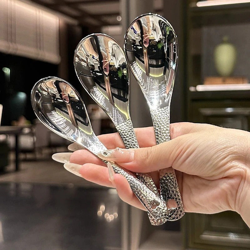 Juego de 10 cucharas de acero inoxidable de lujo - Cuchara profunda, gran capacidad, superficie plateada pulida al espejo, perfecta para sopas y arroz, utensilios de cocina, seguro para contacto con alimentos, tamaño universal, no requiere carga.