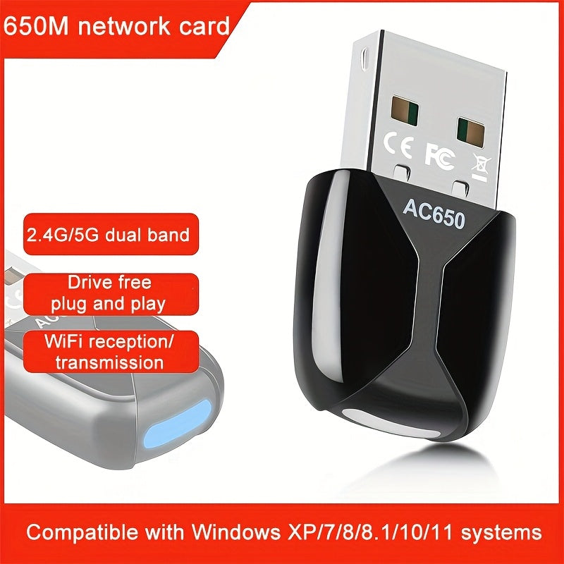 Adaptador de Wifi USB con tarjeta de red inalámbrica de doble banda 2.4G/5G, enchufar y funcionar sin controladores, adecuado para escritorios y portátiles, compatible con Windows Xp/Vista/7/8.1/10/11, no requiere batería, conexión USB, control de aplica