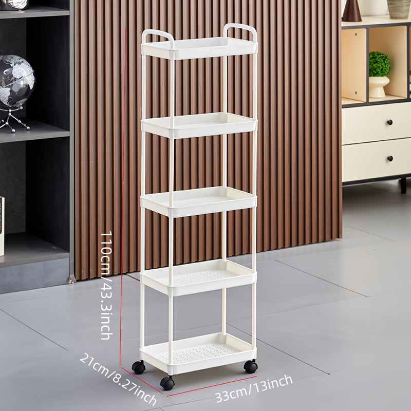 Un versátil carrito de almacenamiento de cinco niveles en blanco/negro, adecuado para organizar baños, refrigerios de cocina, almacenamiento de dormitorios y organización de juguetes, fácilmente movible y portátil.