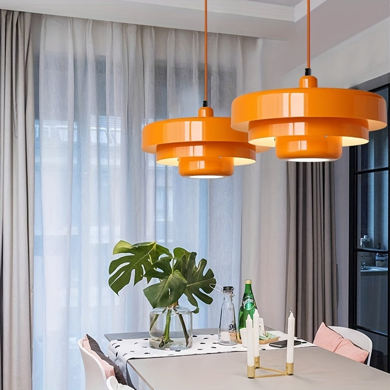 Lámpara colgante semirecargable] Estilo cremoso elegante, lámpara de techo de varios niveles, acabado naranja brillante, luz colgante de metal con centro iluminado para sala, cocina, dormitorio, estudio - Art Deco moderno, ahorro de energía con control d