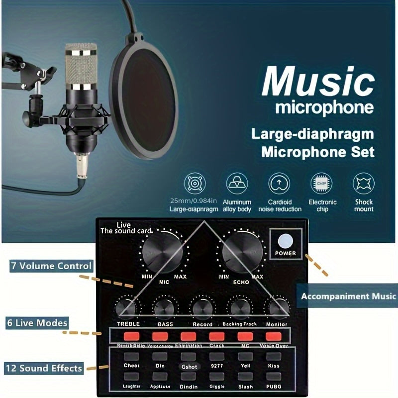 Kit de micrófono Black Iron Studio, BM-800 Podcast Mic, con tarjeta de sonido V8, batería de litio recargable por USB, control de volumen, conector de 3,5 mm, para portátil, Vlog, transmisión en vivo, videoconferencia, karaoke, canto