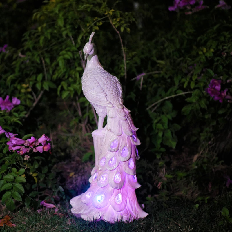 Estatuilla de pavo real con luz solar, adorno de resina con botón de control, batería de níquel de 600mAh, para jardín, patio, césped, estanque, balcón, terraza, decoración navideña y festiva