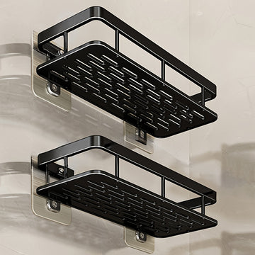 2 piezas de estantes de pared negros, juego de percheros de ducha sin taladro - Resistentes al óxido, organizador colgante que ahorra espacio para champú, acondicionador y más, solución de almacenamiento de baño, perchero de baño moderno, organizador de
