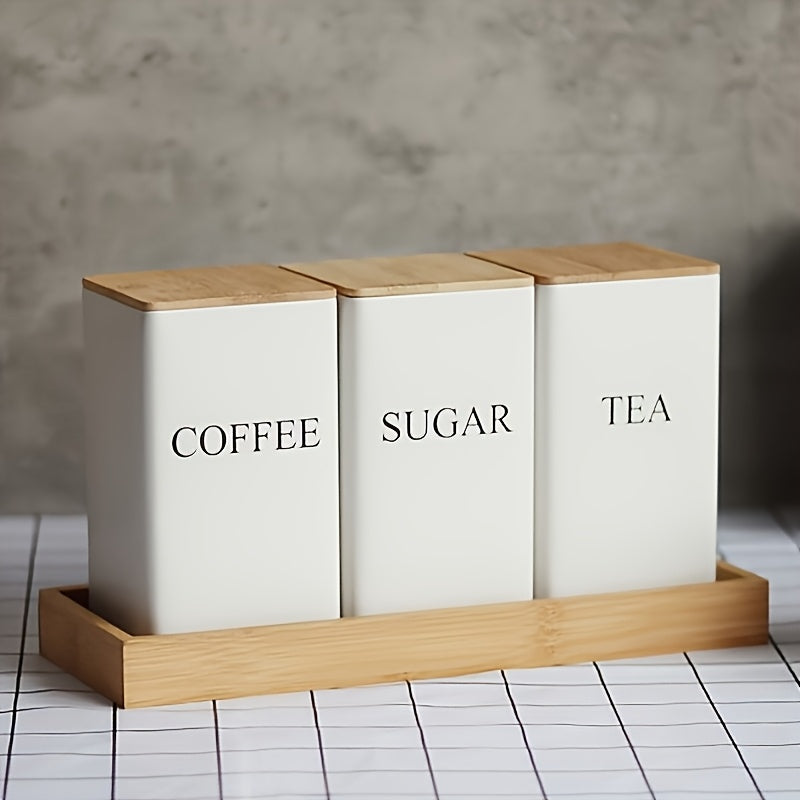 Juego de 3 contenedores de almacenamiento de metal elegantes con tapas de bambú - Perfectos para té, café y azúcar, con un diseño apilable, ideal para la organización y almacenamiento de la cocina.