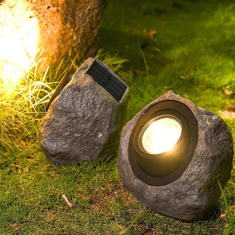Focos solares para jardín al aire libre, luz de camino de plástico con aspecto de metal sin terminar, bajo voltaje, montaje semi empotrado, batería de níquel de 600 mAh, luz solar de roca para paisajismo, camino, patio, césped, decoración navideña/de Hal