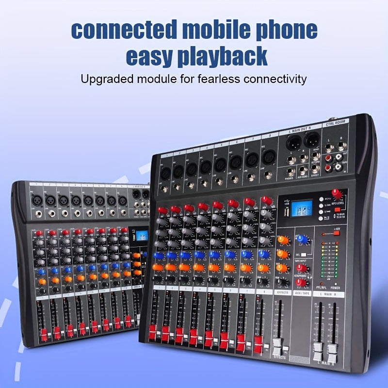 Consola de mezcla audio profesional de 6/8 canales con alimentación fantasma de 48V, USB y interfaces XLR/RCA, ideal para actuaciones en vivo, grabación de streaming y escenarios musicales