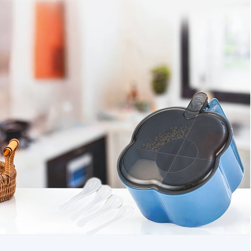 [1pc Organizador de especias de 4 compartimentos] Un organizador de especias de cuatro compartimentos para uso doméstico, con tapa y cuchara para condimentos de cocina.