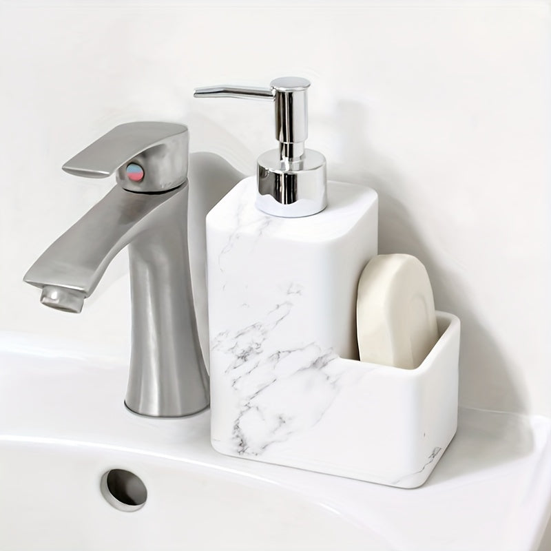 Dispensador de jabón de mármol blanco elegante con soporte de cepillo - Autónomo, no necesita electricidad, material de resina, ideal para encimeras de cocina y baño, incluye almacenamiento de almohadilla de limpieza, dispensador de jabón para baño