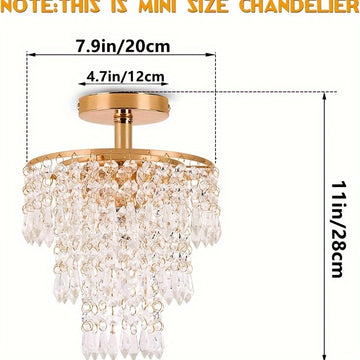 Lámpara de Techo Moderna Mini Cristal - Diseño de Gota de Lluvia de 3 Niveles, Montaje Empotrado con Acabado Dorado para Dormitorio de Niñas, Sala de Estar, Comedor - Incluye Bombilla