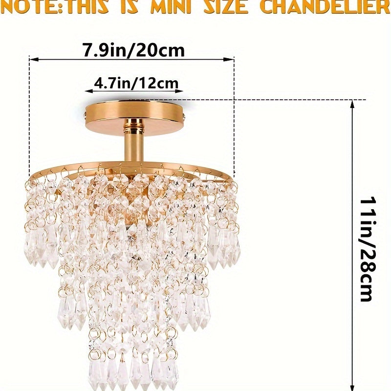 Lámpara de Techo Moderna Mini Cristal - Diseño de Gota de Lluvia de 3 Niveles, Montaje Empotrado con Acabado Dorado para Dormitorio de Niñas, Sala de Estar, Comedor - Incluye Bombilla