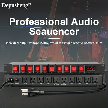 Secuenciador de potencia profesional para audio 1U DEPUSHENG - Controlador digital de alimentación para rack con 10 salidas, pantalla de voltaje, protector contra sobretensiones, 1500W máx., 110V-130V, enchufe estadounidense, material de aleación