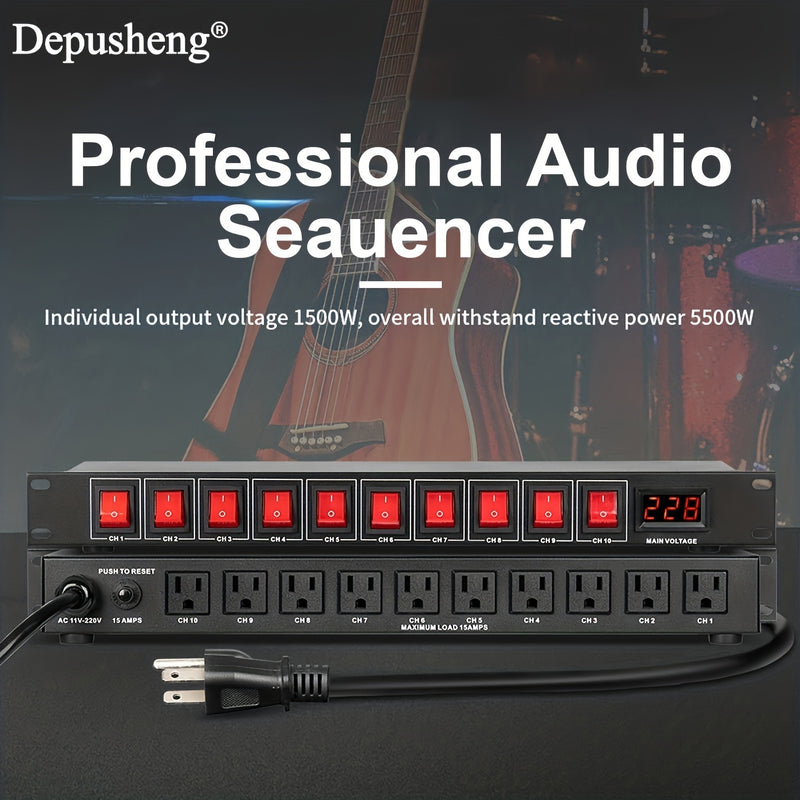 Secuenciador de potencia profesional para audio 1U DEPUSHENG - Controlador digital de alimentación para rack con 10 salidas, pantalla de voltaje, protector contra sobretensiones, 1500W máx., 110V-130V, enchufe estadounidense, material de aleación