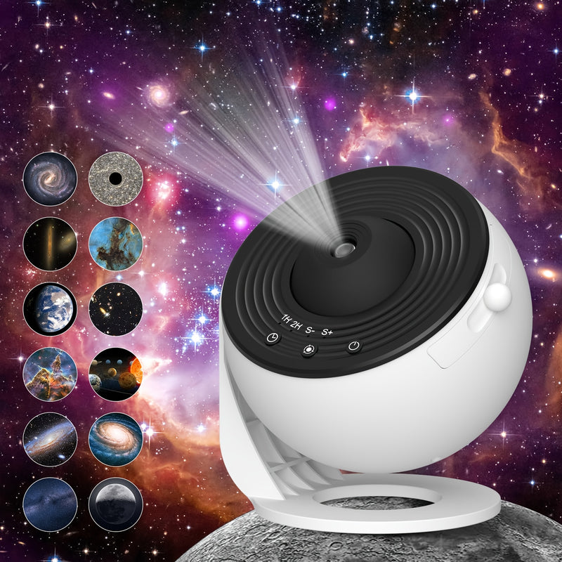 Proyector de habitación MISFANS, proyector de imagen de alta definición con perilla ajustable, proyector de planetario de 13 discos, rotación de 360°, luces LED, carga USB, blanco