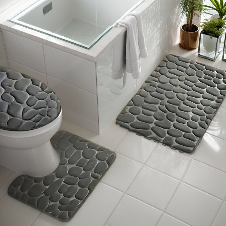 Juego de Alfombras para Baño de Espuma Viscoelástica 3 piezas - Ultraluertas y Absorbentes Antideslizantes en Forma de U para Inodoro, Alfombrillas Lavables a Máquina para Ducha y Bañera con Base de Fieltro, Tapetes Negros para el Suelo del Baño por Segu