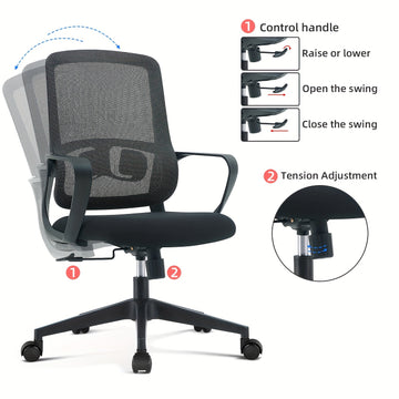 Silla ergonómica para oficina en casa con soporte lumbar, asiento y reclinación ajustables, estructura de nailon, reclinación manual, función de balanceo - Silla de trabajo giratoria con respaldo sólido y funcionamiento no eléctrico.