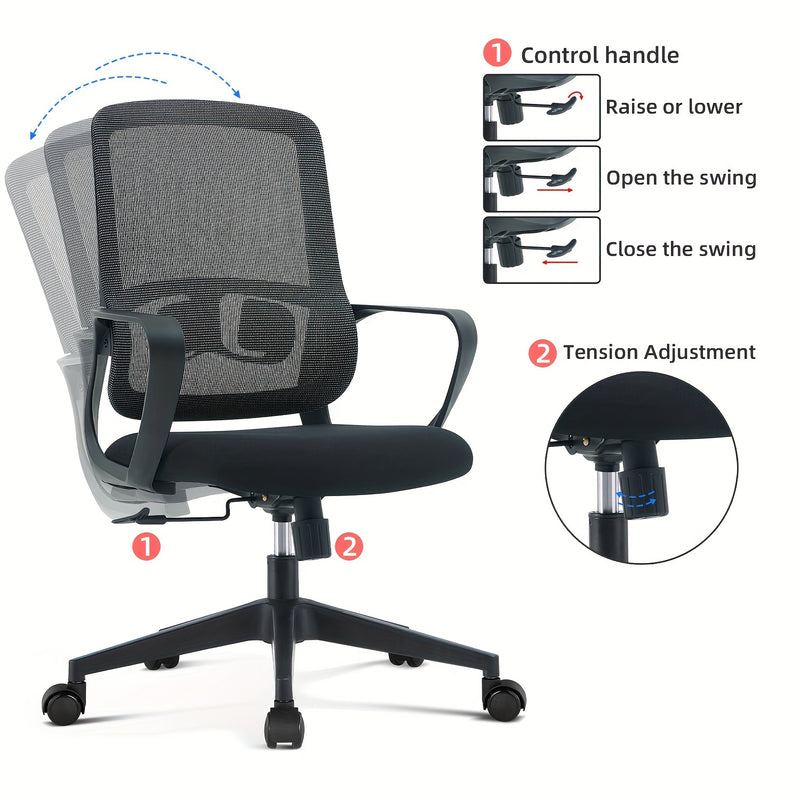 Silla ergonómica para oficina en casa con soporte lumbar, asiento y reclinación ajustables, estructura de nailon, reclinación manual, función de balanceo - Silla de trabajo giratoria con respaldo sólido y funcionamiento no eléctrico.