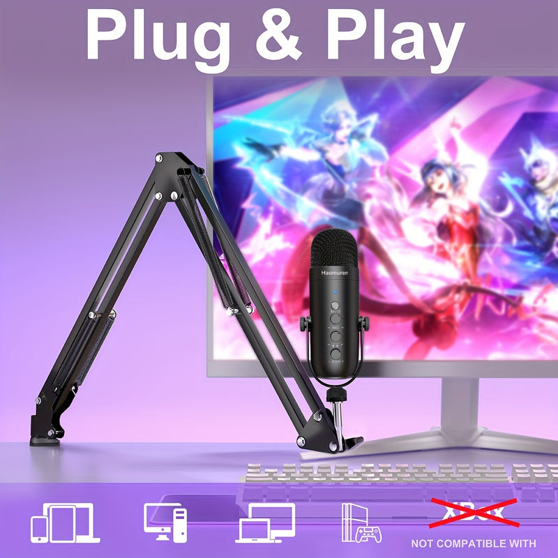 Micrófono USB Condensador, Kit de Micrófono para Juegos Haomuren con Brazo de Soporte, Micrófono Supercardioid con Botón de Silencio, Perilla de Aumento de Volumen de Eco, Ajuste de Monitor para Teléfono, PC, Computadora, Tableta, Streaming, Grabación, P