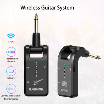 Sistema de guitarra inalámbrico de 2,4 GHz, receptor de audio recargable de 8 canales con carga USB-C, baja latencia para guitarra eléctrica, bajo y más, incluye amplificador, micrófono y accesorios para bajo y guitarra.