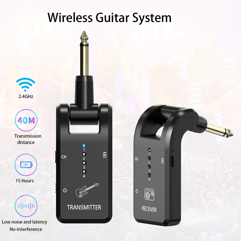 Sistema de guitarra inalámbrico de 2,4 GHz, receptor de audio recargable de 8 canales con carga USB-C, baja latencia para guitarra eléctrica, bajo y más, incluye amplificador, micrófono y accesorios para bajo y guitarra.