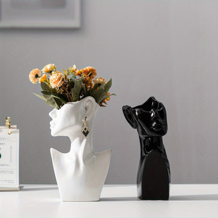 Jarrón Cerámico Nórdico de Forma Facial Bohemia - Soporte Decorativo para Flores con Rayas Geométricas para Sala de Estar, Adornos Primavera y Verano, Pieza de Arte en Cerámica de Alta Calidad, Jarrones para Decoración del Hogar