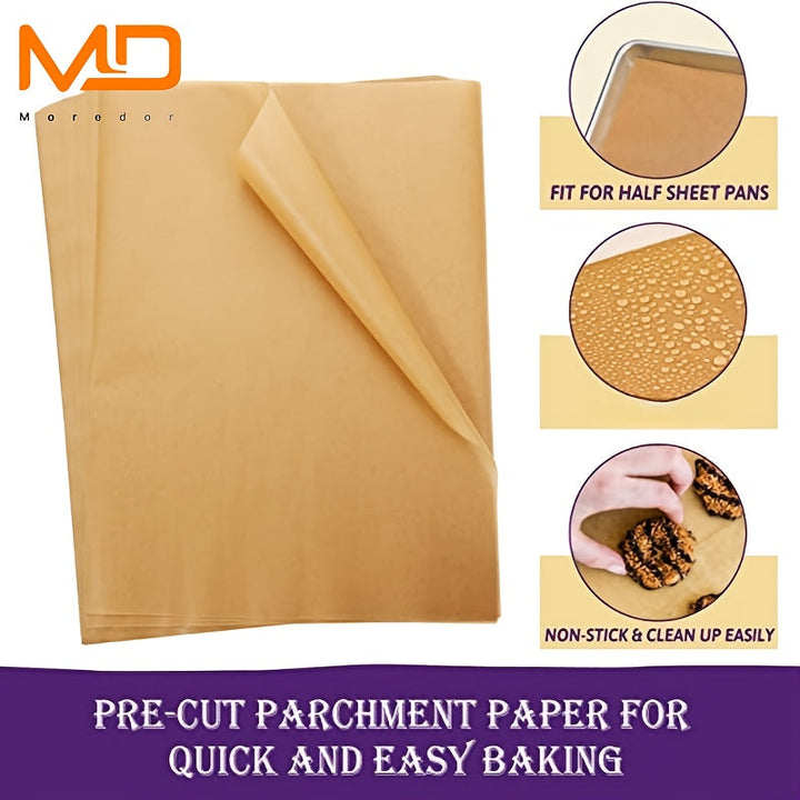 HOJAS DE HORNEAR NO ADHERENTES MOREDOR - 22.86x33.02 cm, Papel para Hornear Grande, Apto para Mitad de Hoja y Galletas - Pergamino para Horno, Parrilla, Freidora de Aire (50/100/200 unidades), Material Sin Blanquear, Esenciales para Asar