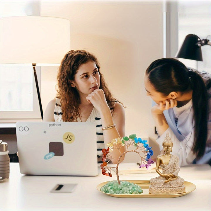 Árbol de cristal de chakras y estatua de Buda, set de decoración para yoga y meditación, árbol del dinero y figura de Buda para hogar, sala de estar, oficina o estante, atrae riqueza y buena suerte