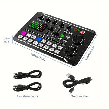 Tarjeta de sonido en vivo con interfaz de audio USB, efectos de mezclador DJ y cambiador de voz - Batería de litio recargable, equipo de estudio portátil para streaming, podcasting y gaming (Negro), Equipo para podcasting | Mezclador de audio moderno | T