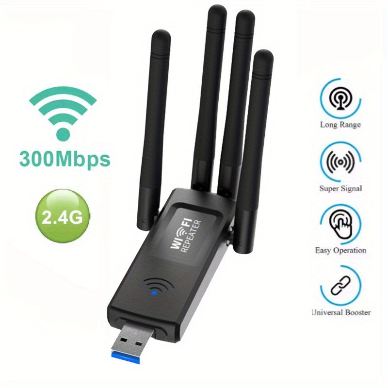 Amplificador de WiFi 300Mbps, Repetidor sin varillas Alimentado por USB para TV Inteligente, Laptop y Tableta - Elimina Zonas Muertas, Configuración Plug & Play, Amplificador Portátil para Hogar/Oficina, Alta Velocidad, Internet Potenciador, Ideal para T