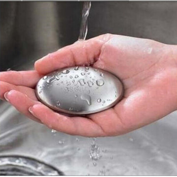 Barra de acero inoxidable para eliminar olores, jabón de manos ovalado para cocina, herramienta mágica del chef para desodorizar y quitar olores a ajo, cebolla y pescado - Incluye jabonera de metal duradera