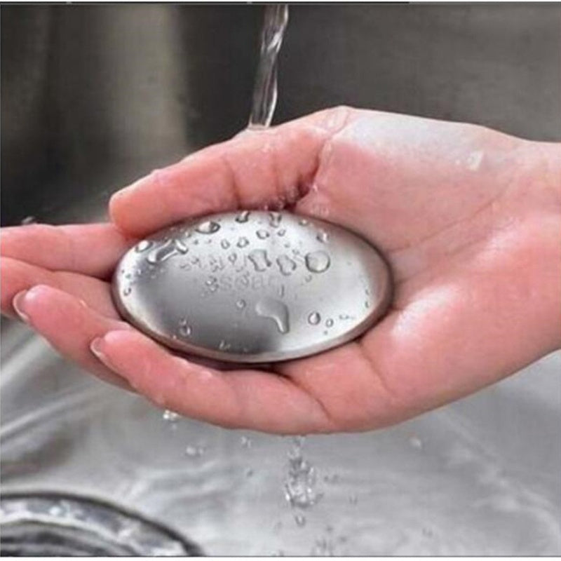 Barra de acero inoxidable para eliminar olores, jabón de manos ovalado para cocina, herramienta mágica del chef para desodorizar y quitar olores a ajo, cebolla y pescado - Incluye jabonera de metal duradera