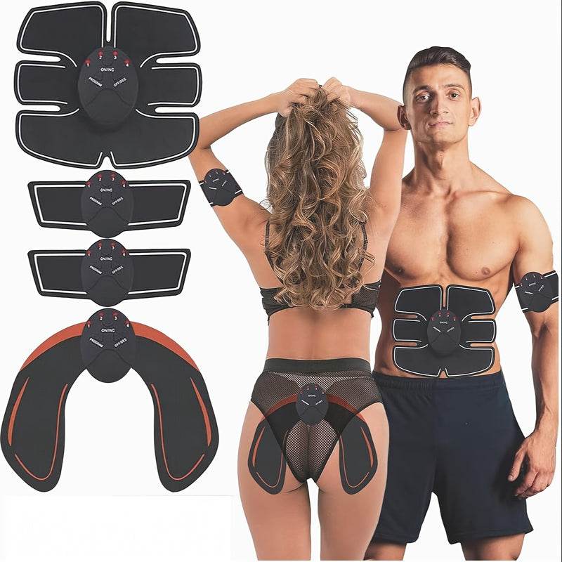 1 entrenador abdominal + 1 ejercitador de brazos + 2 removedores de grasa - Funciona con baterías, parches de masaje de silicón para ejercicio en casa y tonificación muscular, enfocado en todo el cuerpo, sin aroma, ideal para uso familiar, dispositivo de