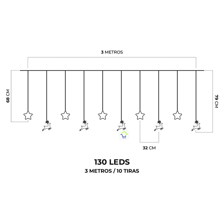 Cortina Intercalada 3M Renos y Estrellas 130 LEDS Navidad 1747