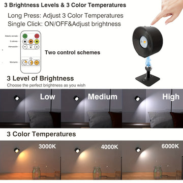 Lámparas de pared LED HBOWMDJIA, lámparas montadas en la pared con batería recargable, 3 niveles de brillo, carga extraíble, rotación de 360°, bola magnética, luz de pared inalámbrica para leer, estudiar, dormitorio, pasillo, luz LED.