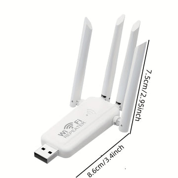 Un repetidor de cuatro esquinas con diseño negro y blanco, que opera a una frecuencia única de 300 Mbps, es ideal para una cobertura extensa. Este amplificador de señal de Wi-Fi es perfecto para oficinas con baja intensidad de datos, así como edificios r