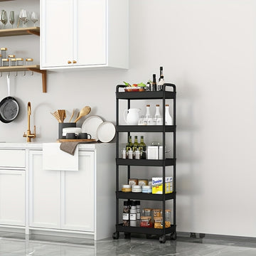 Un versátil carrito de almacenamiento de cinco niveles en blanco/negro, adecuado para organizar baños, refrigerios de cocina, almacenamiento de dormitorios y organización de juguetes, fácilmente movible y portátil.