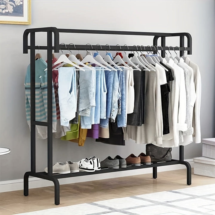 Perchero resistente con ruedas, estante de doble barra metálica negra robusto, perchero independiente con estantería y zapatero, ideal para colocar cajas, zapatos, botas, perfecto para dormitorios, hogares, oficinas, uso interior - , Secadores