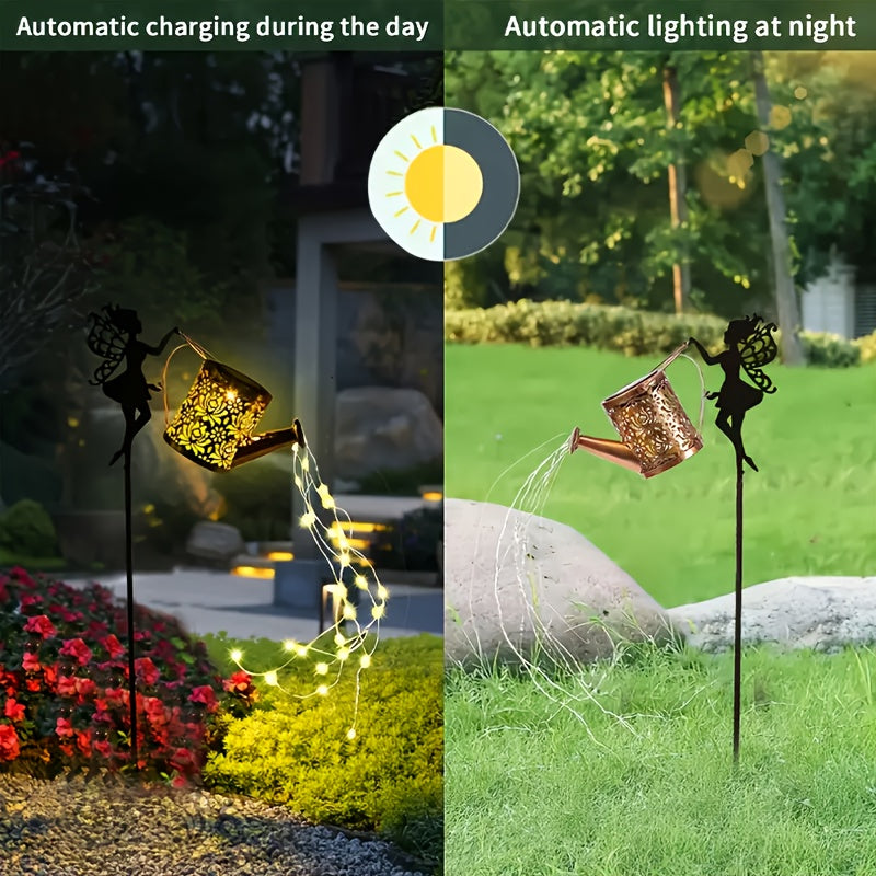 1 Luz solar para jardín con aspersor y luces LED, decoración metálica exterior ideal para césped, patio y fiestas, regalo perfecto para mamá, vecinos y amigos