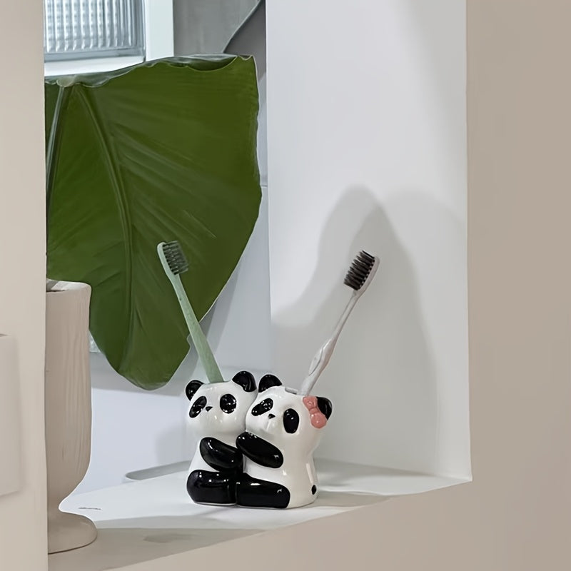 Soporte para Cepillos de Dientes de Cerámica con Diseño de Pandas Lindos, Almacenamiento Ultrasmooth Horneado a Alta Temperatura Sin Taladro para Parejas, Regalo Perfecto Adecuado para la Decoración del Baño