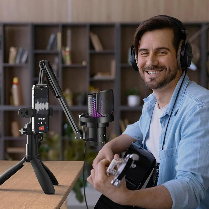 Micrófono de Juego Condensador Negro RGB de 1 pieza con Soporte para Escritorio para Computadoras y Smartphones - Ideal para Podcasting, Transmisión en Vivo y Grabación, Conexión USB-C, Brazo Ajustable, Diseño de Rejilla de Malla