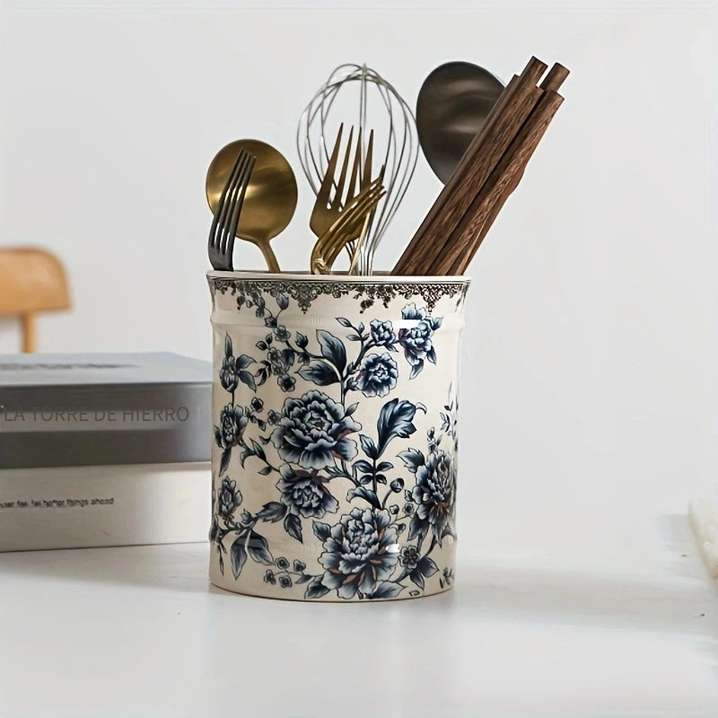 Juego de porta utensilios de cerámica de estilo europeo para cocina - Set decorativo de diseño floral para cubiertos, cuchillos, tenedores, cucharas y palillos organizadores