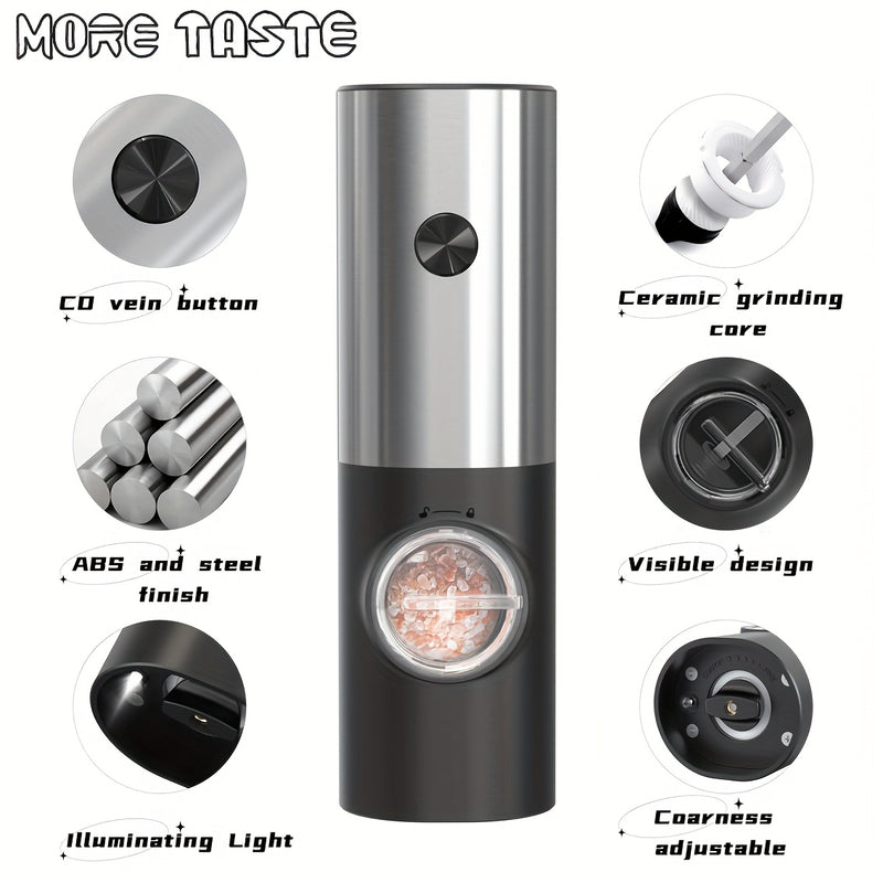 SET DE MOLINILLOS ELÉCTRICOS PARA SAL Y PIMIENTA MORE TASTE 2 piezas, Saleros y Pimenteros Recargables con Grano Ajustable, Operación con Una Mano y Luz LED, Acero Inoxidable