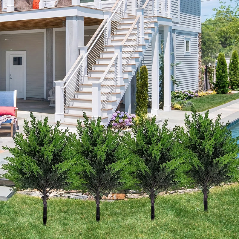 2 piezas de árboles artificiales de cedro grande con enchufe de tierra - Plástico duradero resistente a la radiación UV para decoración de vacaciones al aire libre e interior, patio, jardín, porche - Aspecto natural para todas las estaciones, sin manteni