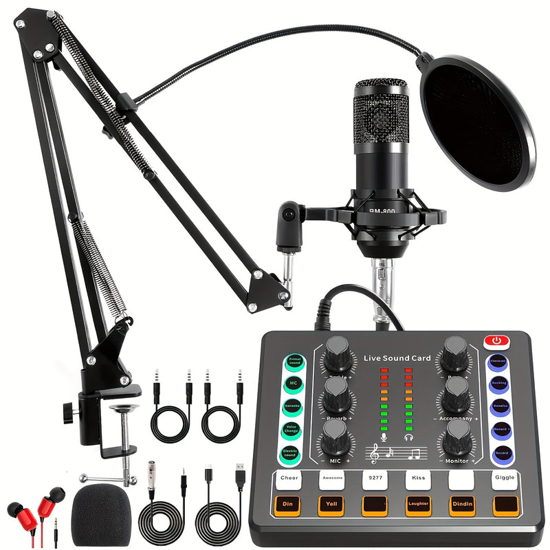 SKTOME Paquete profesional de podcasting - Interfaz de audio M8 todo en uno con micrófono unidireccional de grado de estudio, mezclador de DJ y batería de litio recargable - Perfecto para grabar, transmisión en vivo, juegos y karaoke en PC, smartphone y